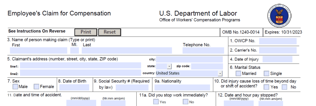 A portion of the LS-203, the form employees fill out and send to the Department of Labor to report an injury and claim for compensation. 